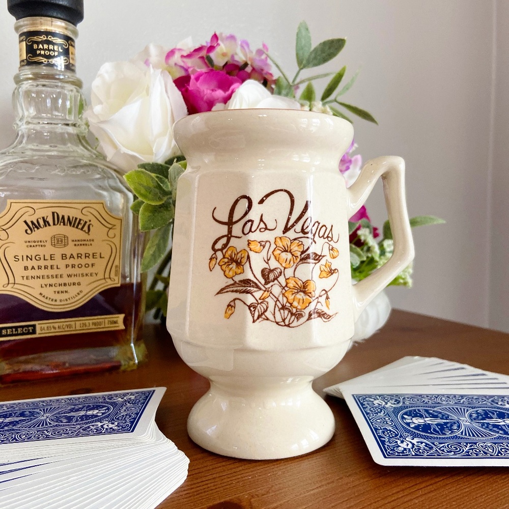 Vintage 1980s Las Vegas Souvenir Footed Cappuccino Coffee Mug -Yellow Flowers